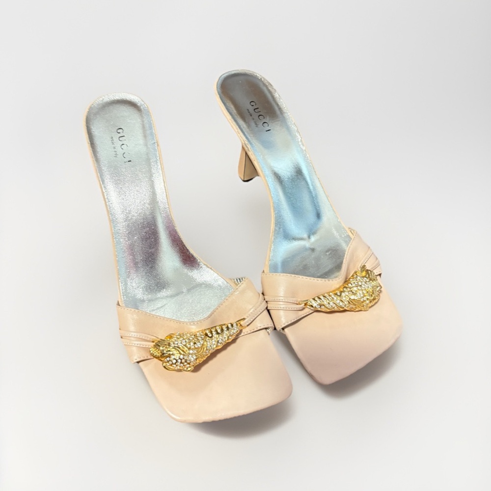 Gucci Dora Crystal Tiger-embellished Pink leather mules 8.5 Women’s